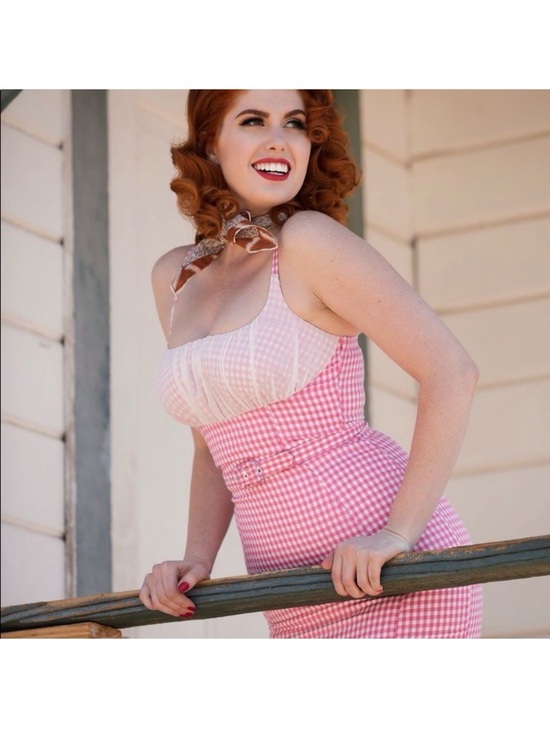 Pinup Couture Dresses & Skirts - PUG “Evangeline” Pink Gingham Wiggle Dress with Belt